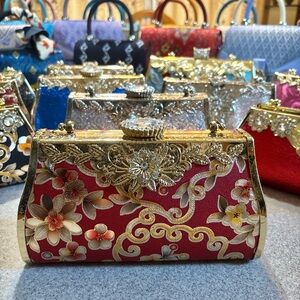 Elegant Floral Gold and Black Clutch Bag with Crossbody chain strap